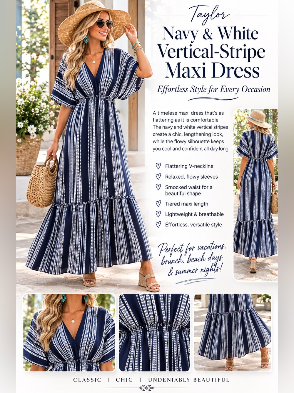 Taylor Navy & White Vertical-Stripe V-Neck Maxi Dress